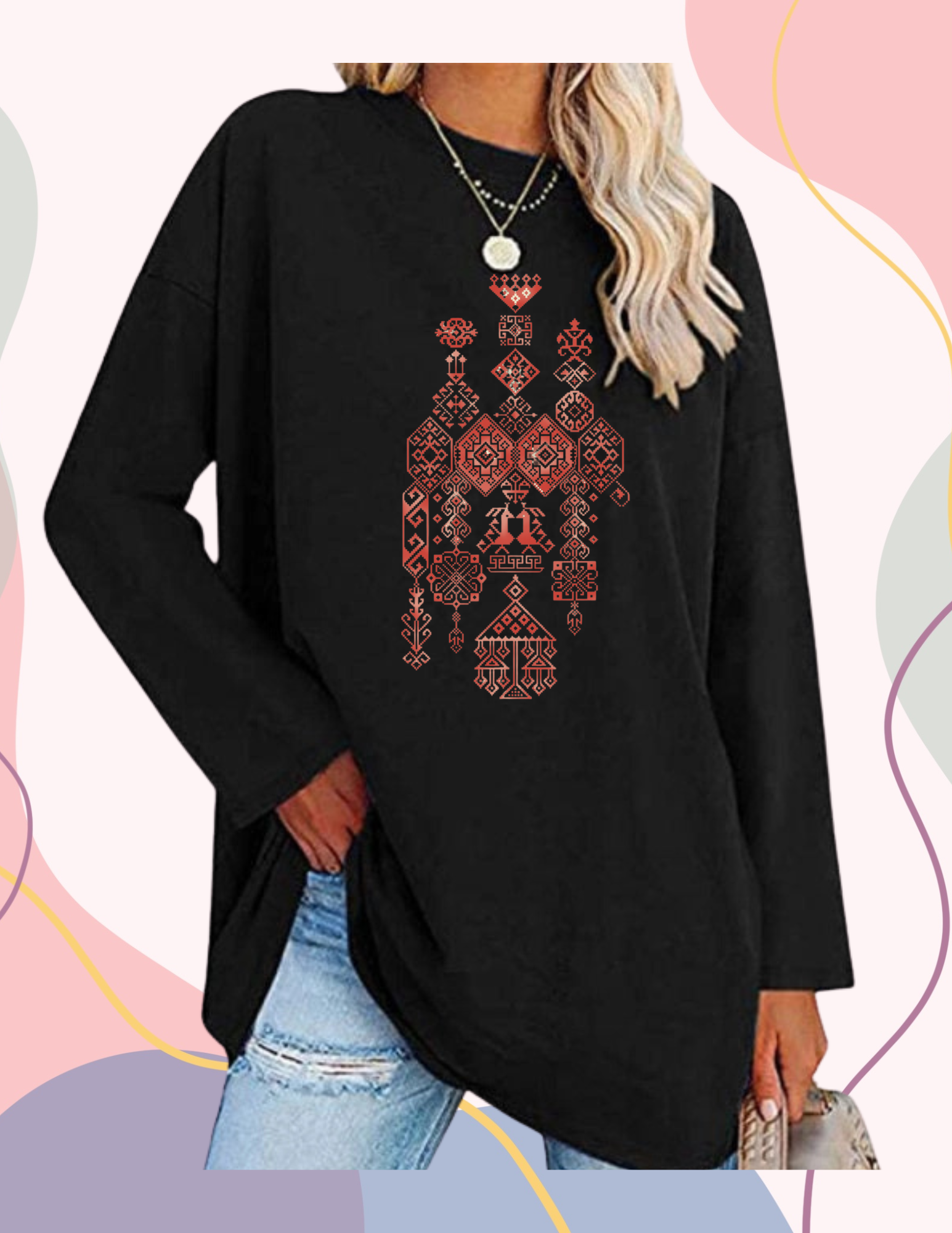 CREWNECK PALESTINE TATREEZ BLUE DESIGN